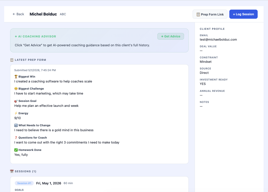 Client Hub — session logs, AI coaching advisor & prep form submissions