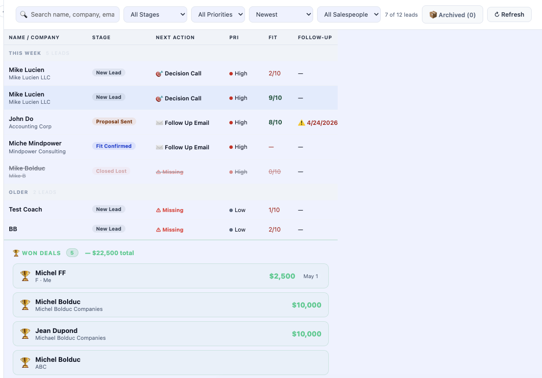 CRM Pipeline — every lead, every stage, every follow-up date in one view