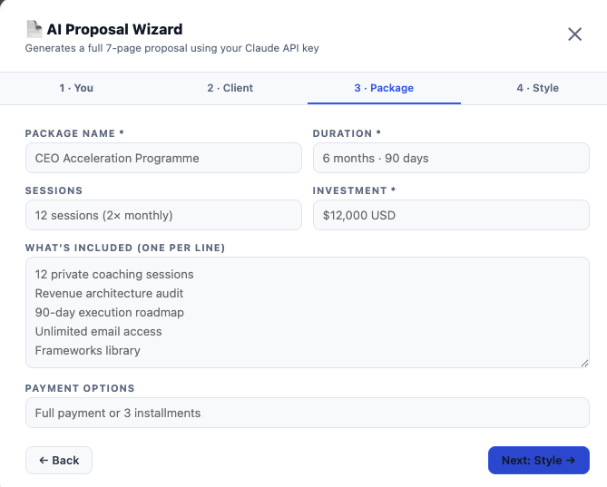 AI Proposal Wizard — fill in the details, AI writes the full proposal in 60 seconds