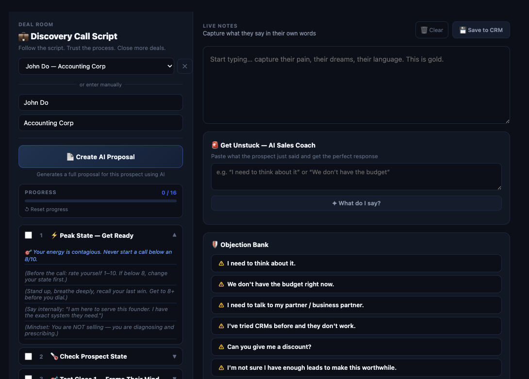 Discovery Call Script — 16 steps, AI Sales Coach & Objection Bank on one screen